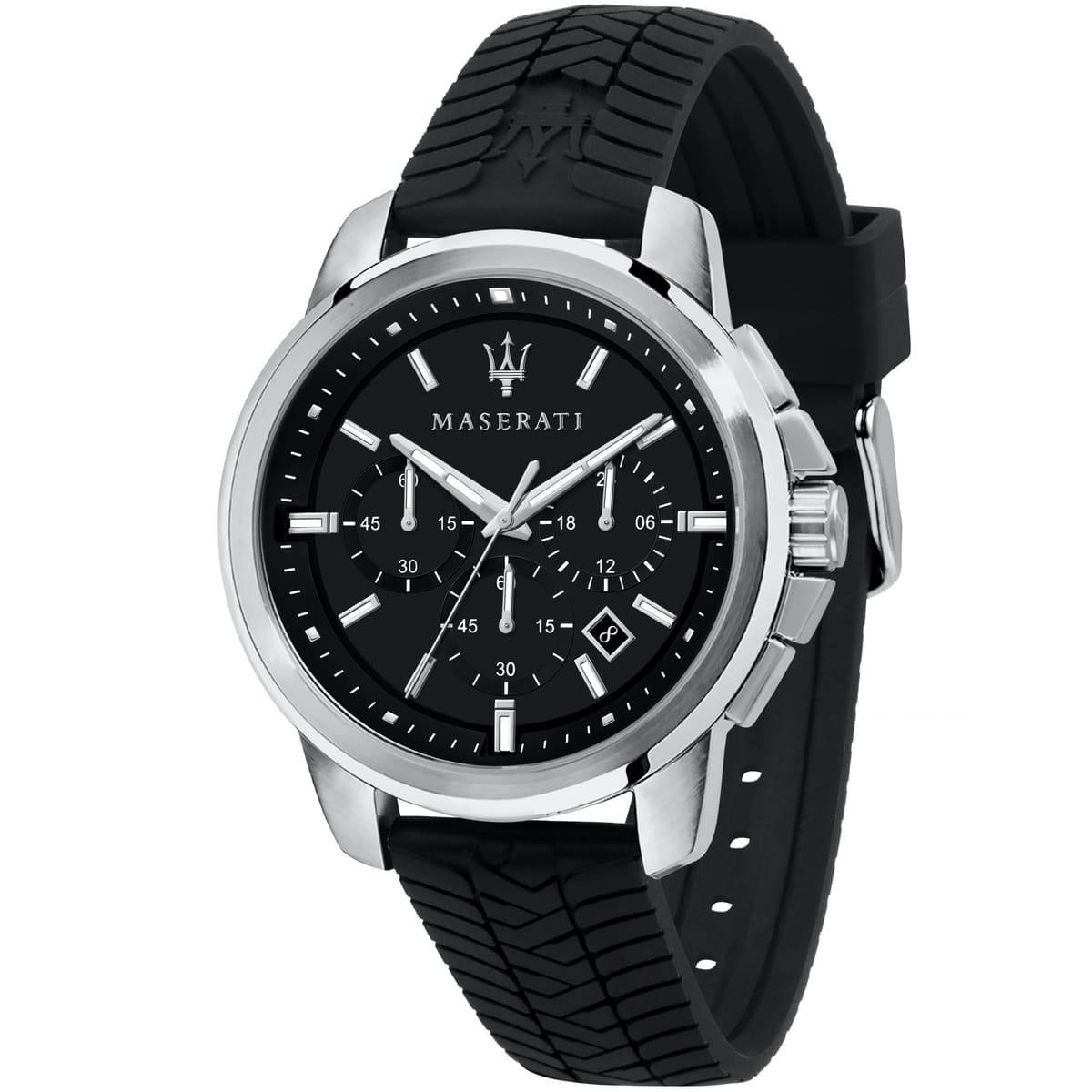 Maserati Chronograph Watch with Black Dial and Rubber Strap