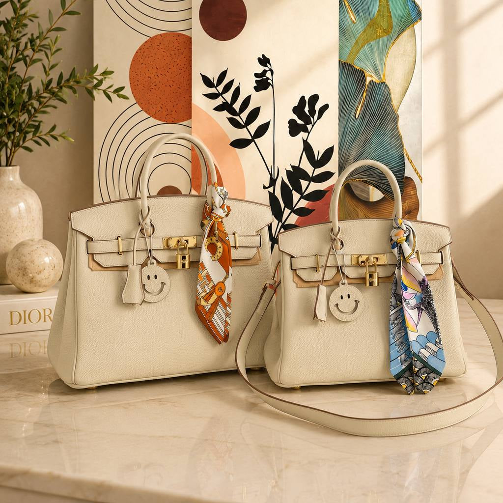 Large Off-White Genuine Leather Birkin Style Handbag