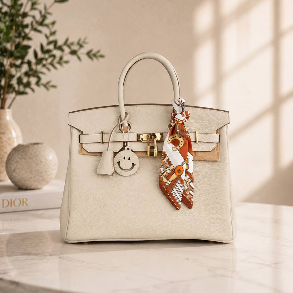 Large Off-White Genuine Leather Birkin Style Handbag