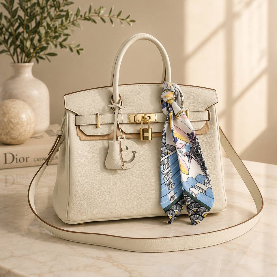 Large Off-White Genuine Leather Birkin Style Handbag