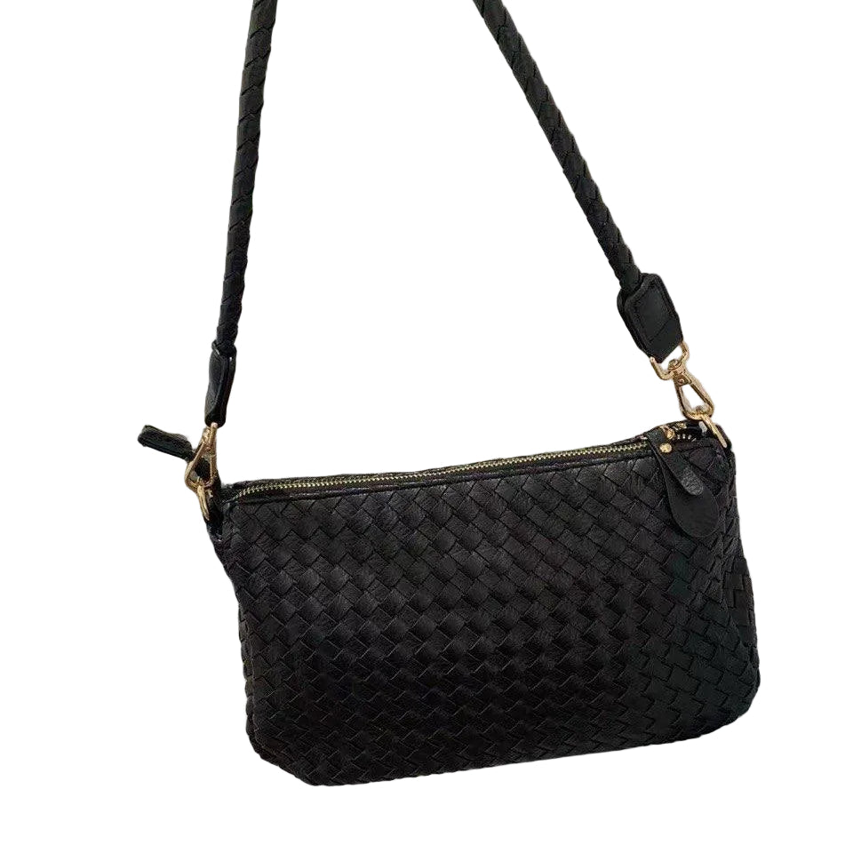 Woven Vegan Leather Crossbody Bag with Braided Strap 👜🖤✨