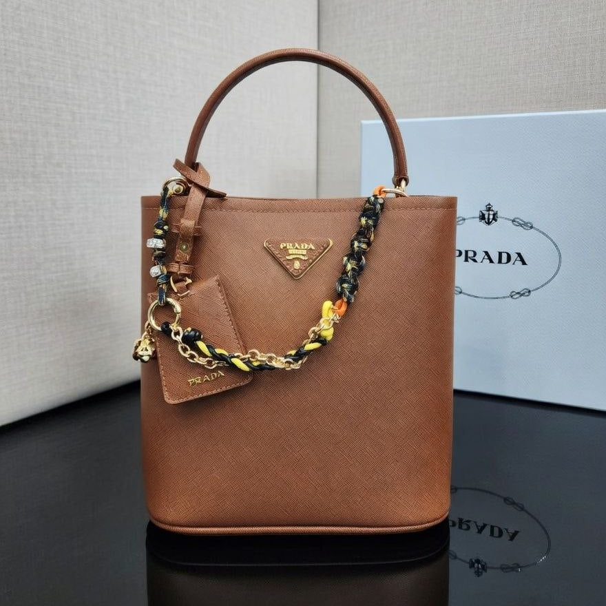 Prada Leather Handbag with Decorative Chain and Strap