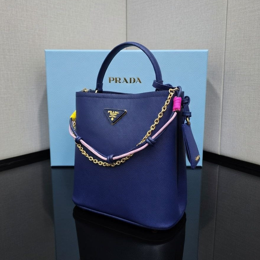 Prada Leather Handbag with Decorative Chain and Strap