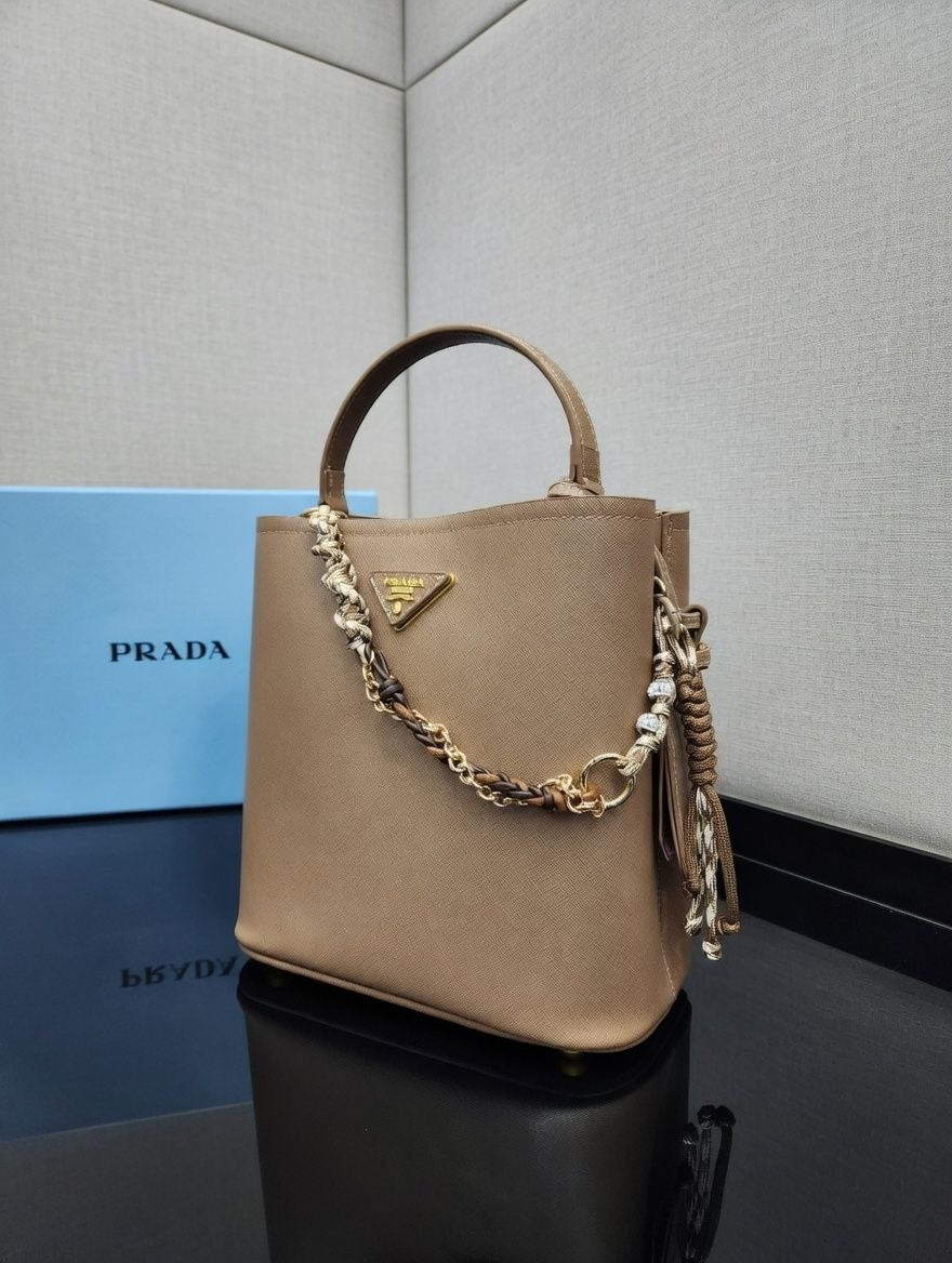 Prada Leather Handbag with Decorative Chain and Strap