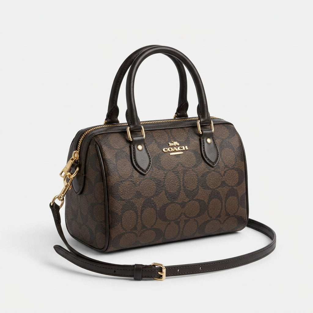 Coach Signature Monogram Mini Brown Bag with Heart Charm
