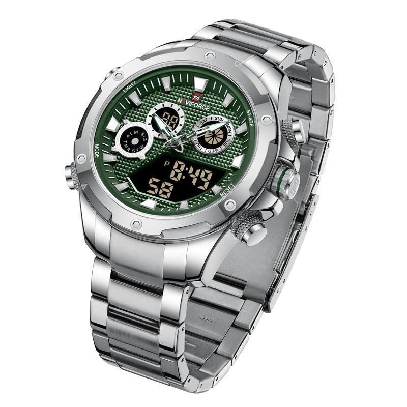 NAVIFORCE Silver and Green Dual Display Stainless Steel Watch