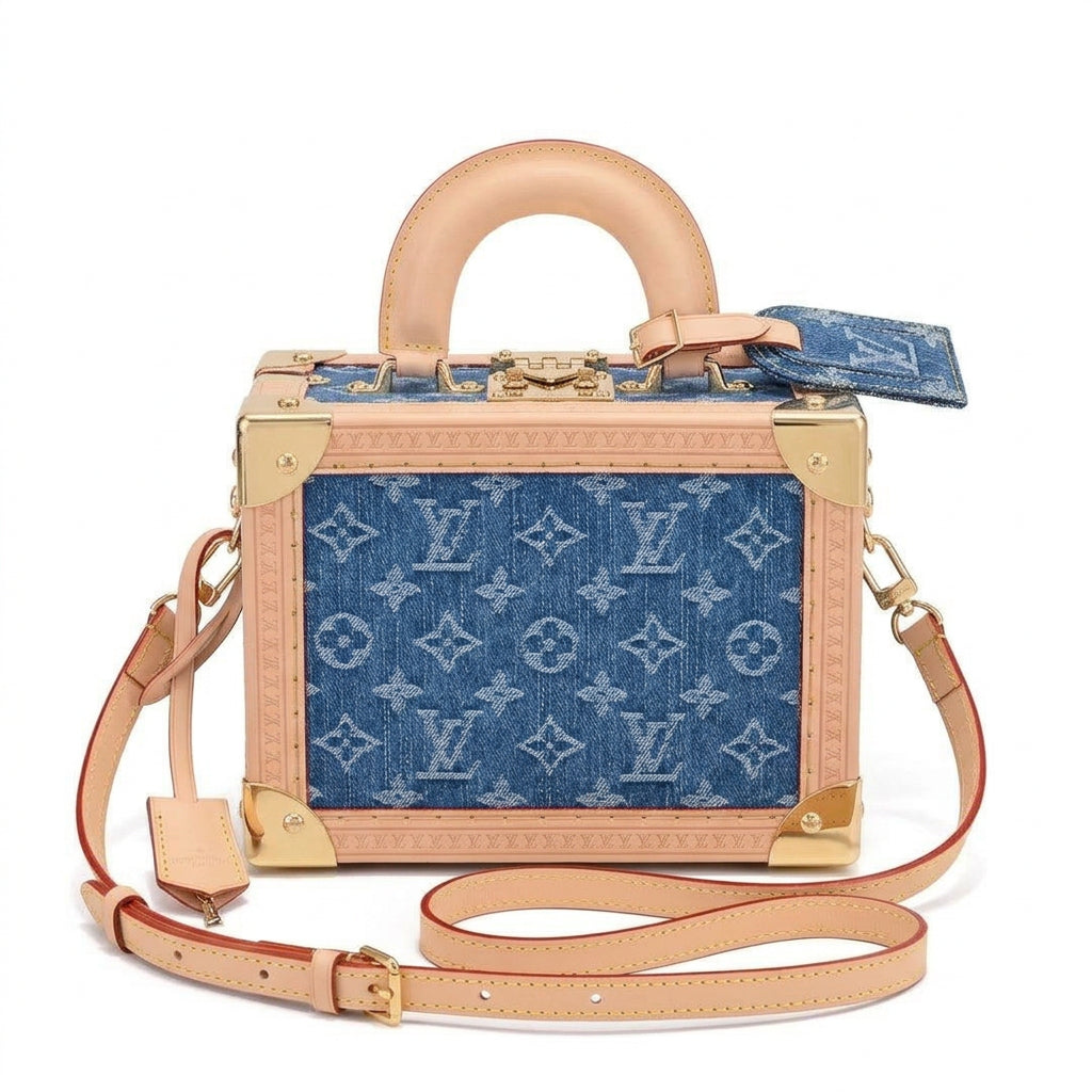 Louis Vuitton Inspired Denim Trunk Bag with Leather Trim