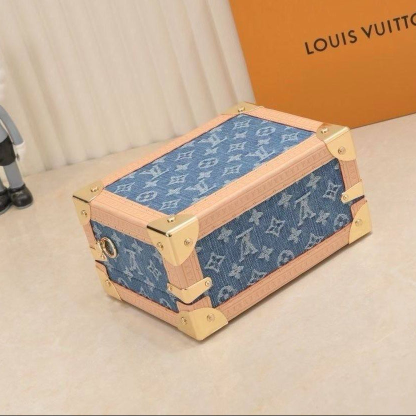 Louis Vuitton Inspired Denim Trunk Bag with Leather Trim