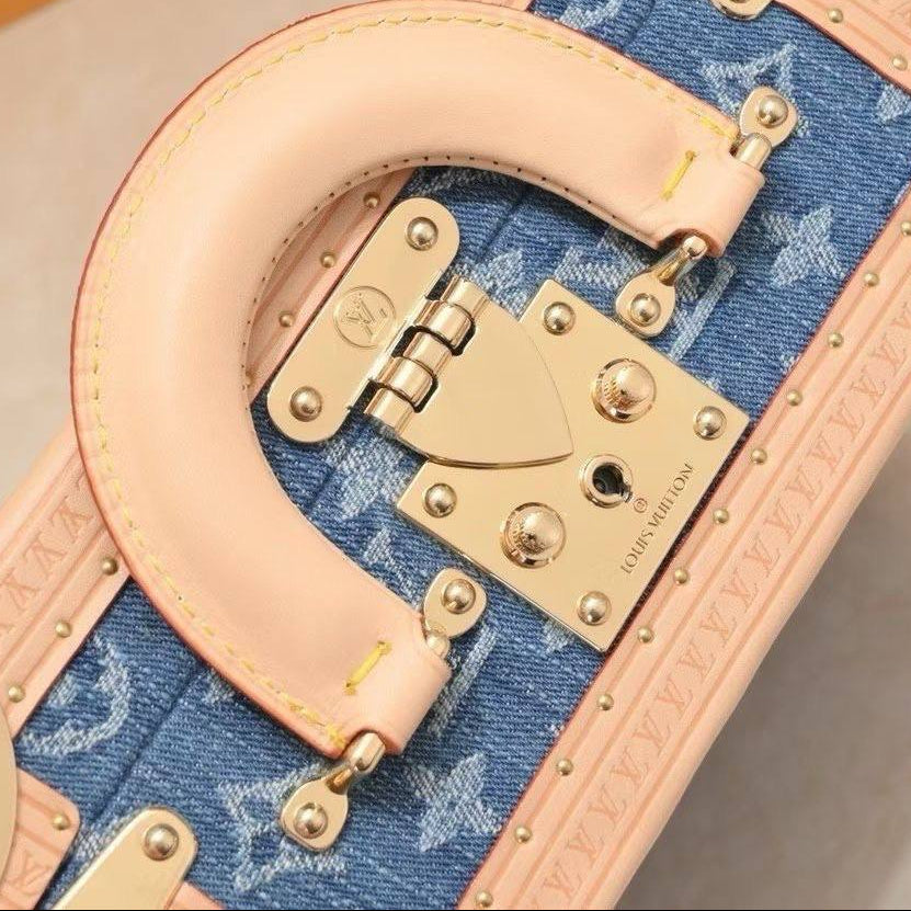 Louis Vuitton Inspired Denim Trunk Bag with Leather Trim
