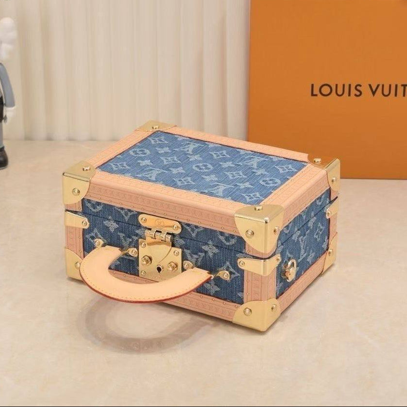 Louis Vuitton Inspired Denim Trunk Bag with Leather Trim