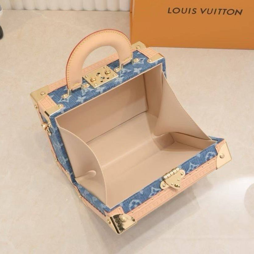 Louis Vuitton Inspired Denim Trunk Bag with Leather Trim