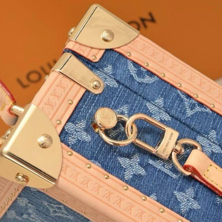 Louis Vuitton Inspired Denim Trunk Bag with Leather Trim