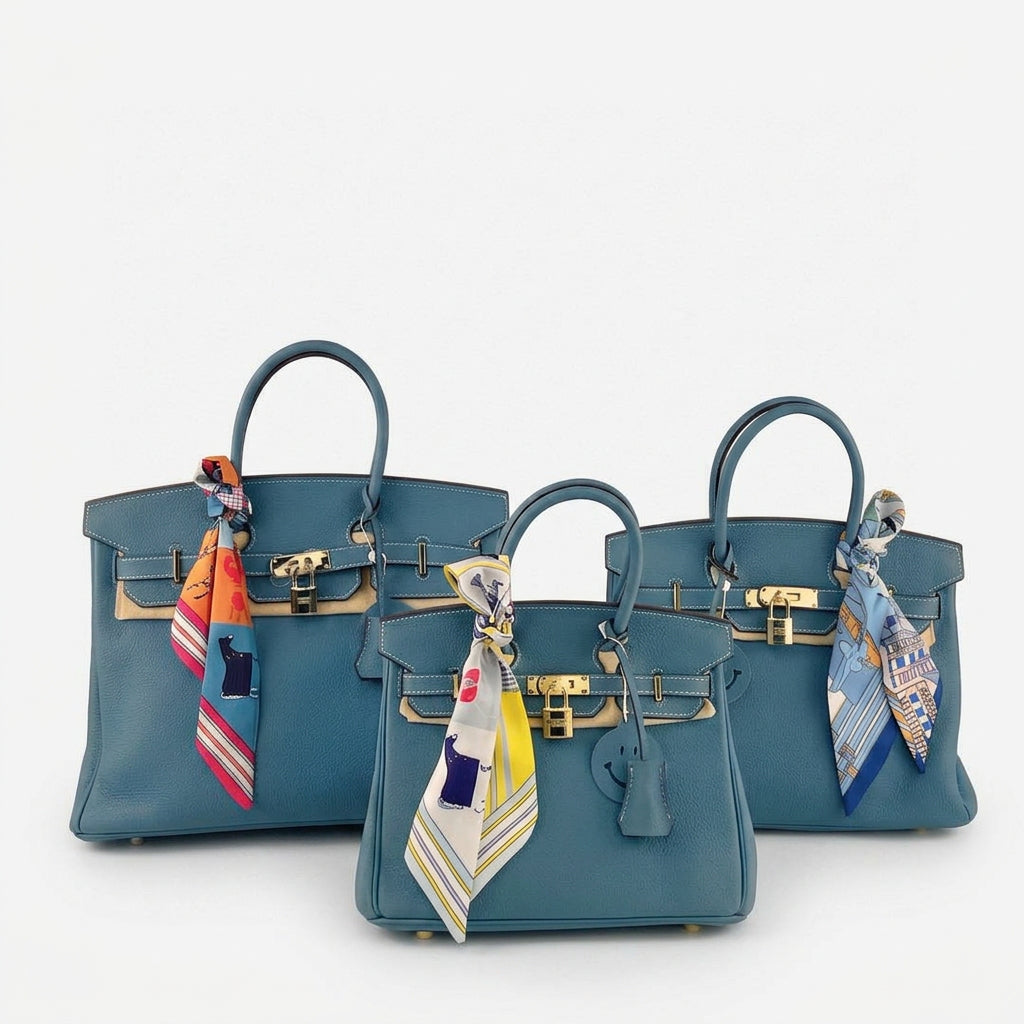 Blue Genuine Leather Birkin Style Handbag with Scarf