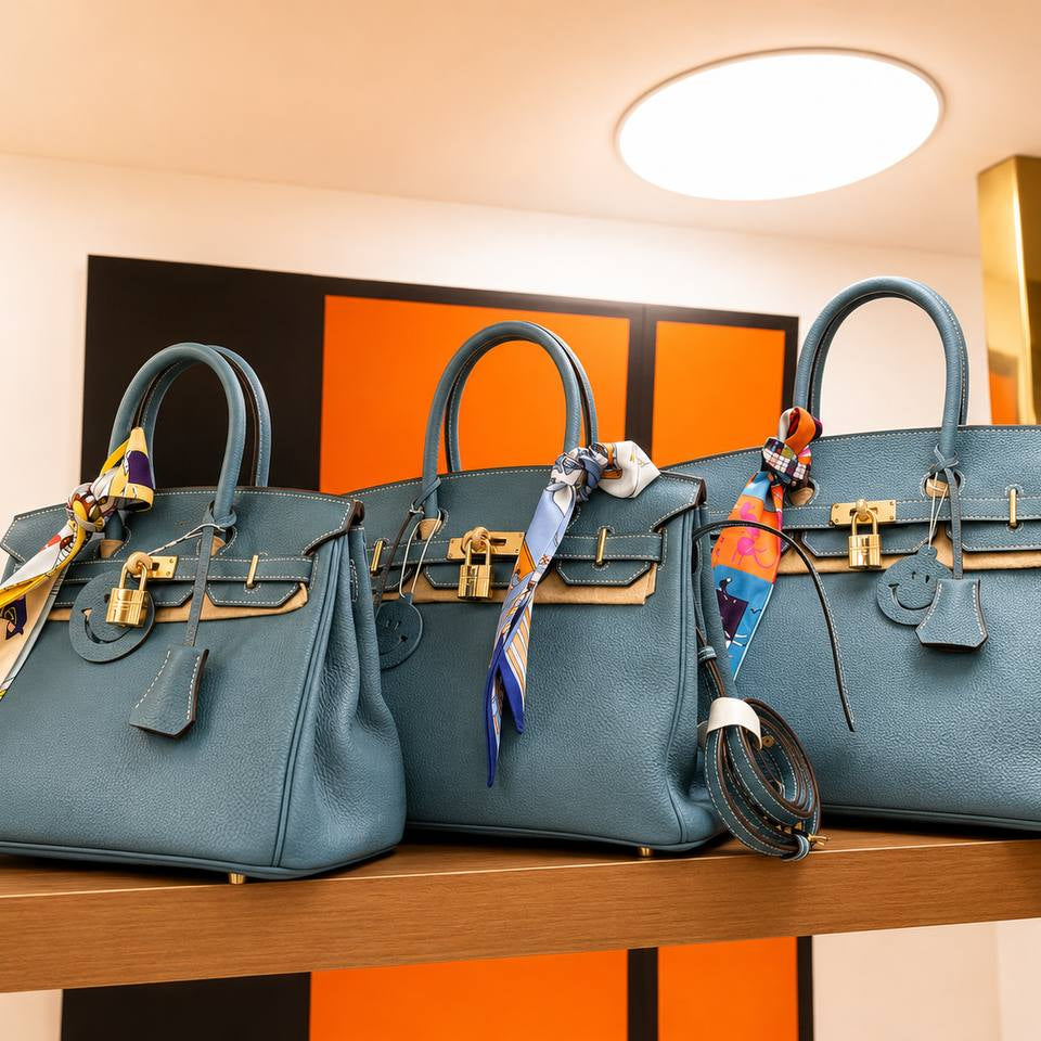 Blue Genuine Leather Birkin Style Handbag with Scarf