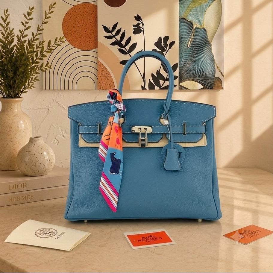 Blue Genuine Leather Birkin Style Handbag with Scarf