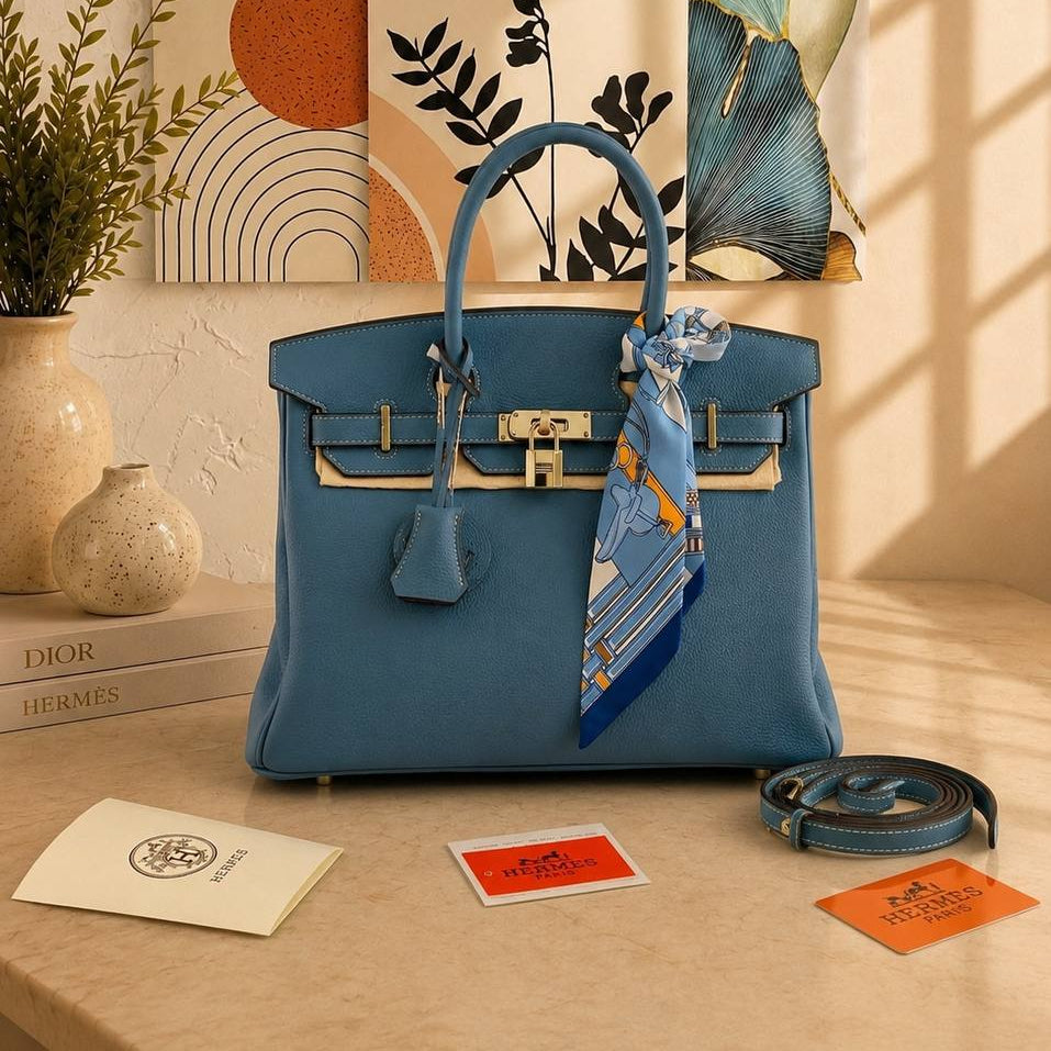 Blue Genuine Leather Birkin Style Handbag with Scarf
