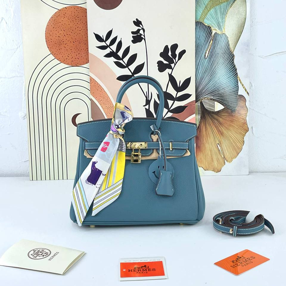 Blue Genuine Leather Birkin Style Handbag with Scarf