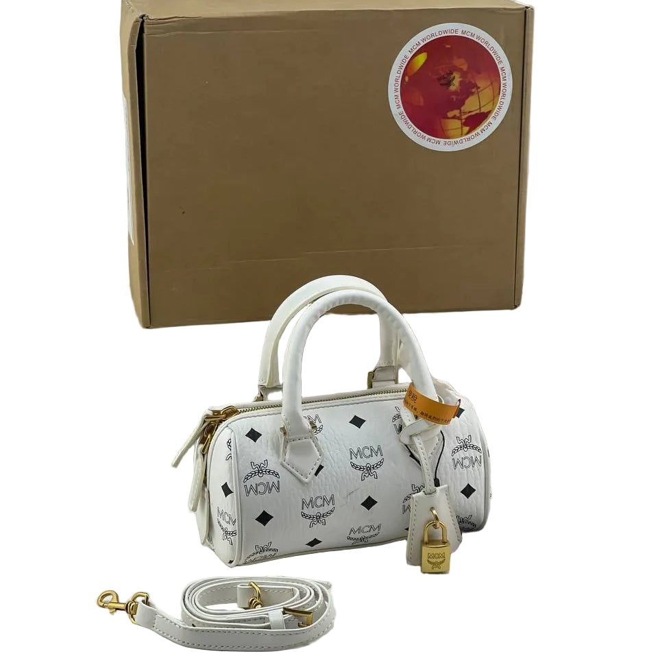 MCM White Visetos Monogram Mini Boston Bag with Gold Hardware 👜✨⚪