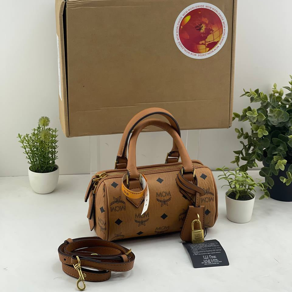 MCM White Visetos Monogram Mini Boston Bag with Gold Hardware 👜✨⚪
