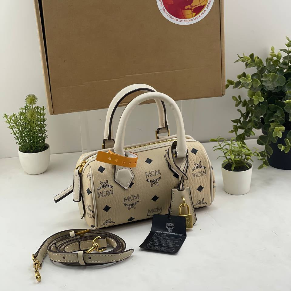 MCM White Visetos Monogram Mini Boston Bag with Gold Hardware 👜✨⚪