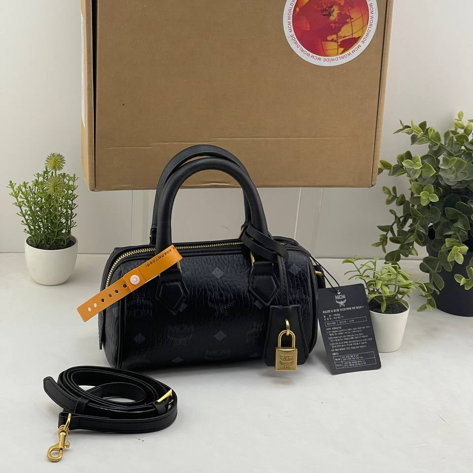 MCM White Visetos Monogram Mini Boston Bag with Gold Hardware 👜✨⚪