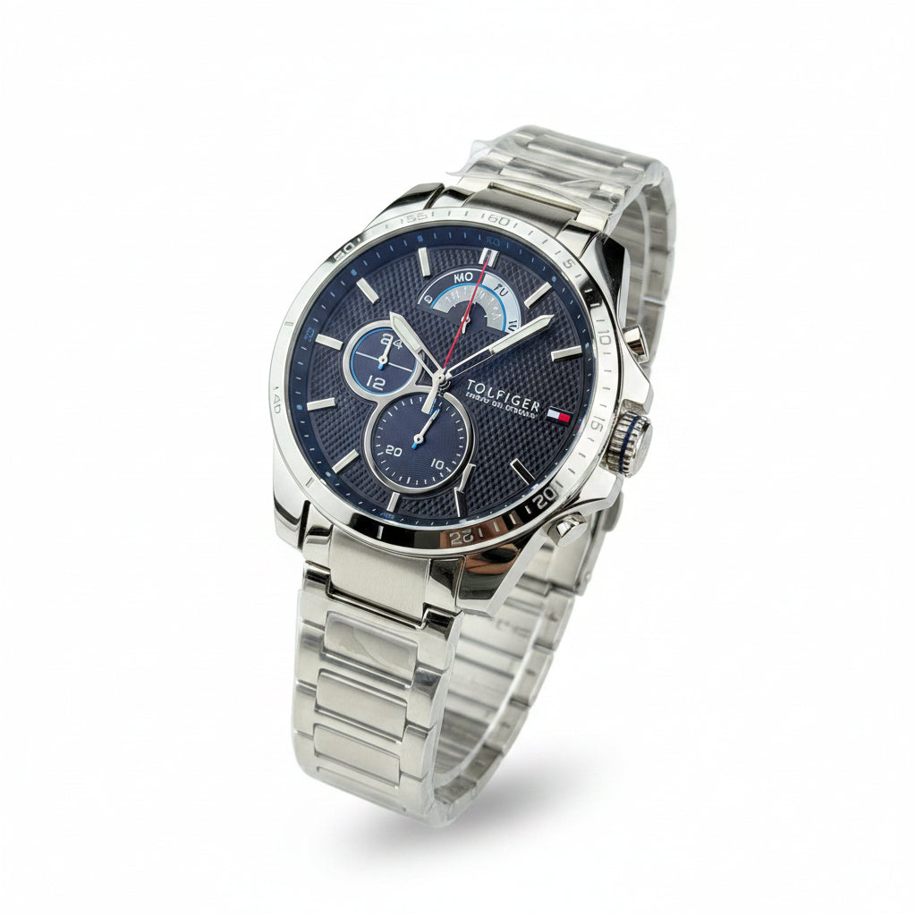 Tommy Hilfiger Silver, Blue & Black Stainless Steel Watch ⌚🔵✨