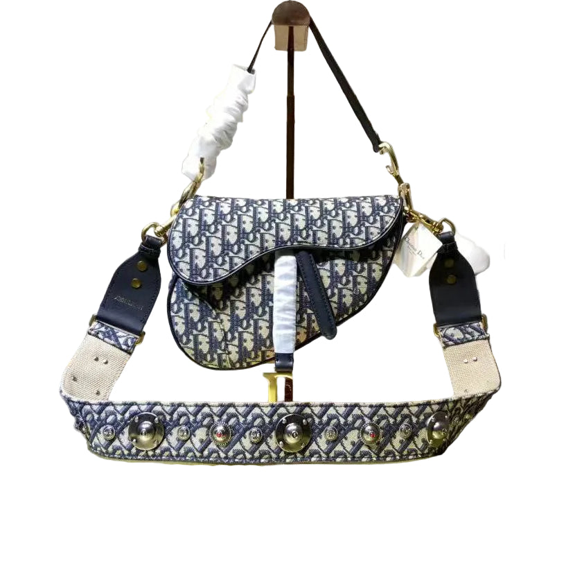 Christian Dior Oblique Saddle Bag with Studded Canvas Strap 👜✨💙