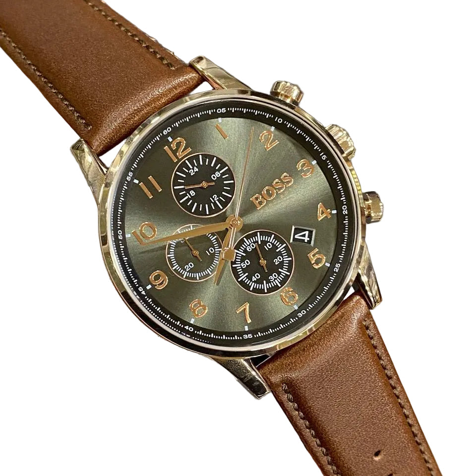 BOSS Men's Chronograph Watch with Olive Sunray Dial ⌚💼🌿