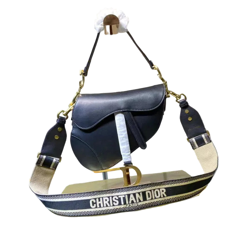 Christian Dior Black Leather Saddle Bag with Embroidered Canvas Strap 👜✨🖤
