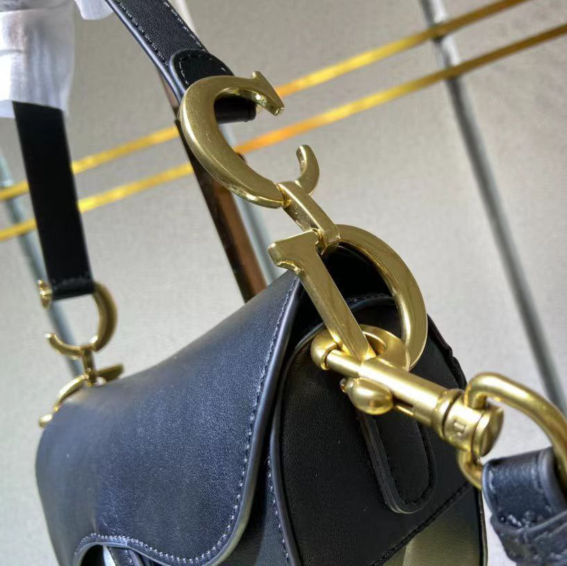 Christian Dior Black Leather Saddle Bag with Embroidered Canvas Strap 👜✨🖤
