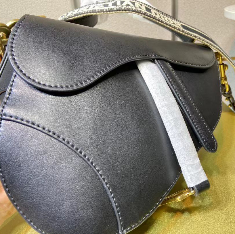 Christian Dior Black Leather Saddle Bag with Embroidered Canvas Strap 👜✨🖤