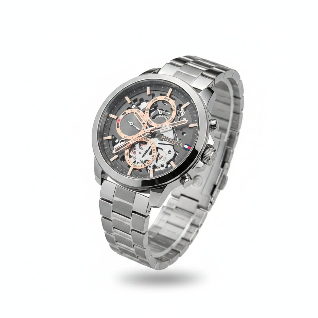Tommy Hilfiger Silver & Black Stainless Steel Men's Watch ⌚⚫🔩