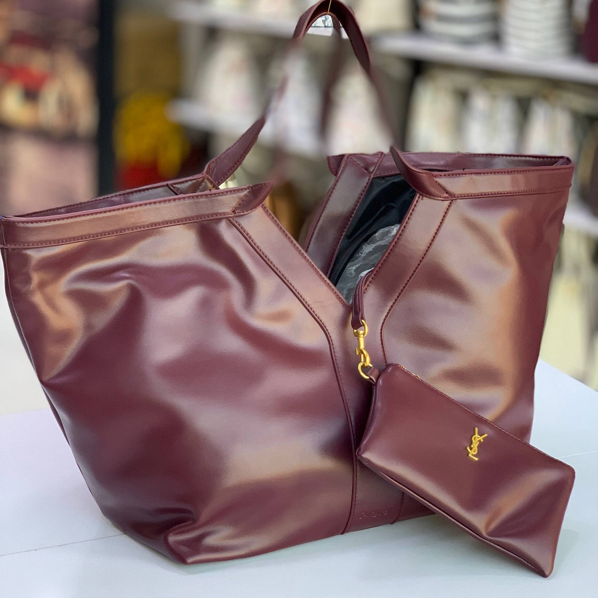 YSL Signature Burgundy Tote Bag with Detachable Pouch