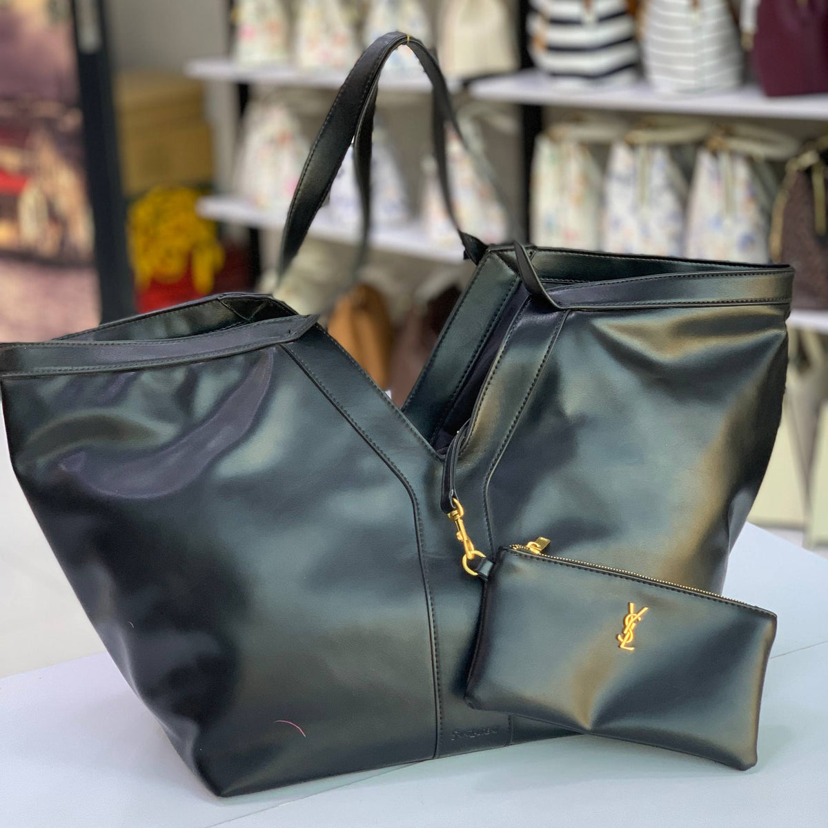 YSL Signature Burgundy Tote Bag with Detachable Pouch
