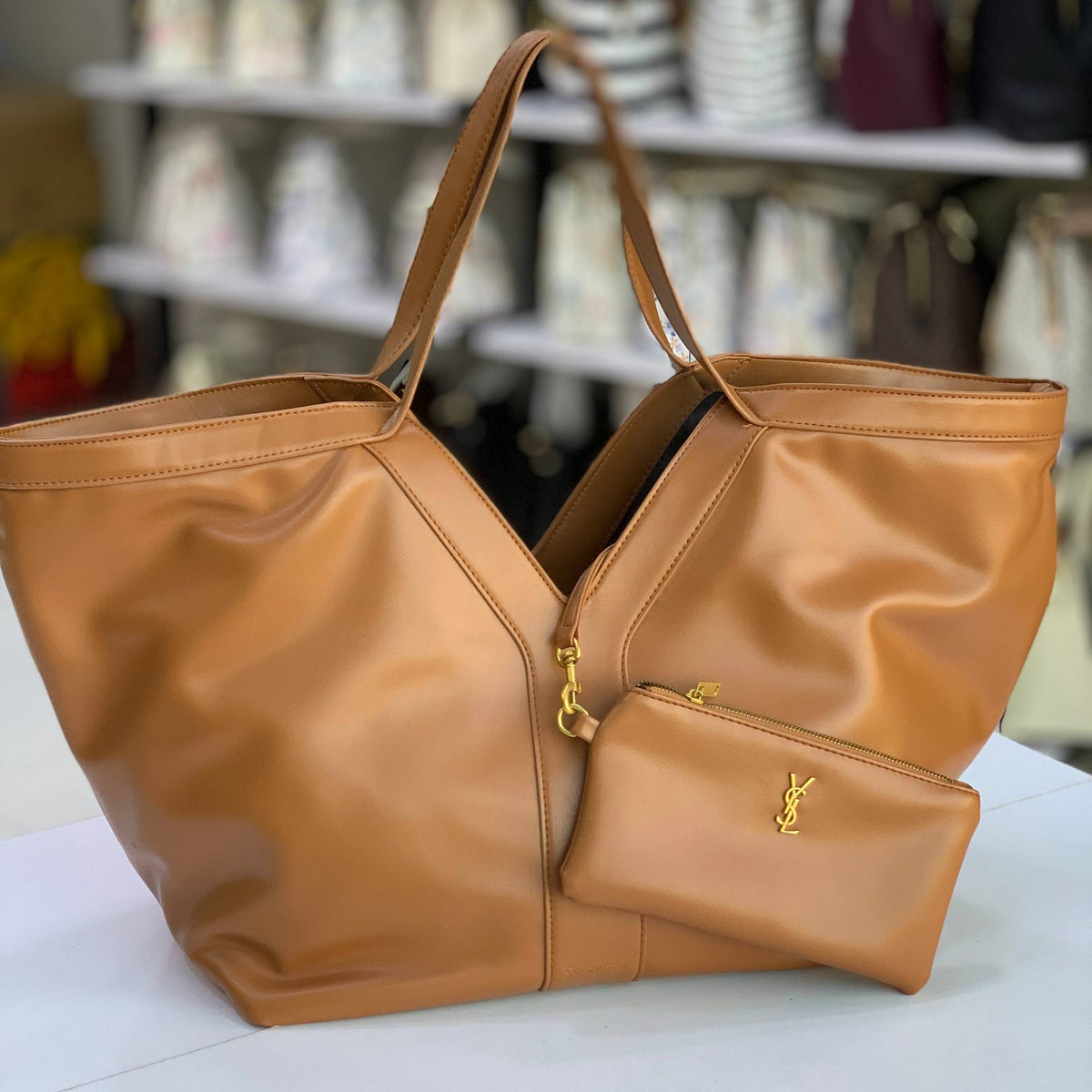 YSL Signature Burgundy Tote Bag with Detachable Pouch