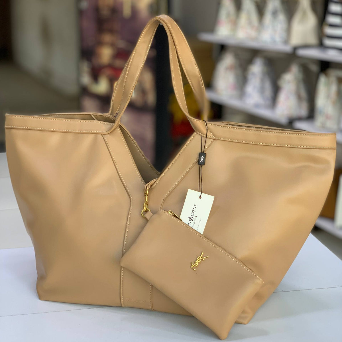 YSL Signature Burgundy Tote Bag with Detachable Pouch