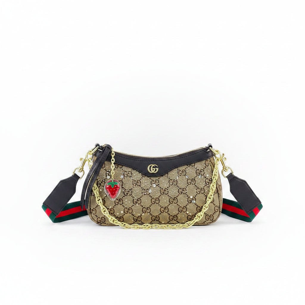 Gucci Crystal Embellished Shoulder Bag with Strawberry Charm ✨🍓
