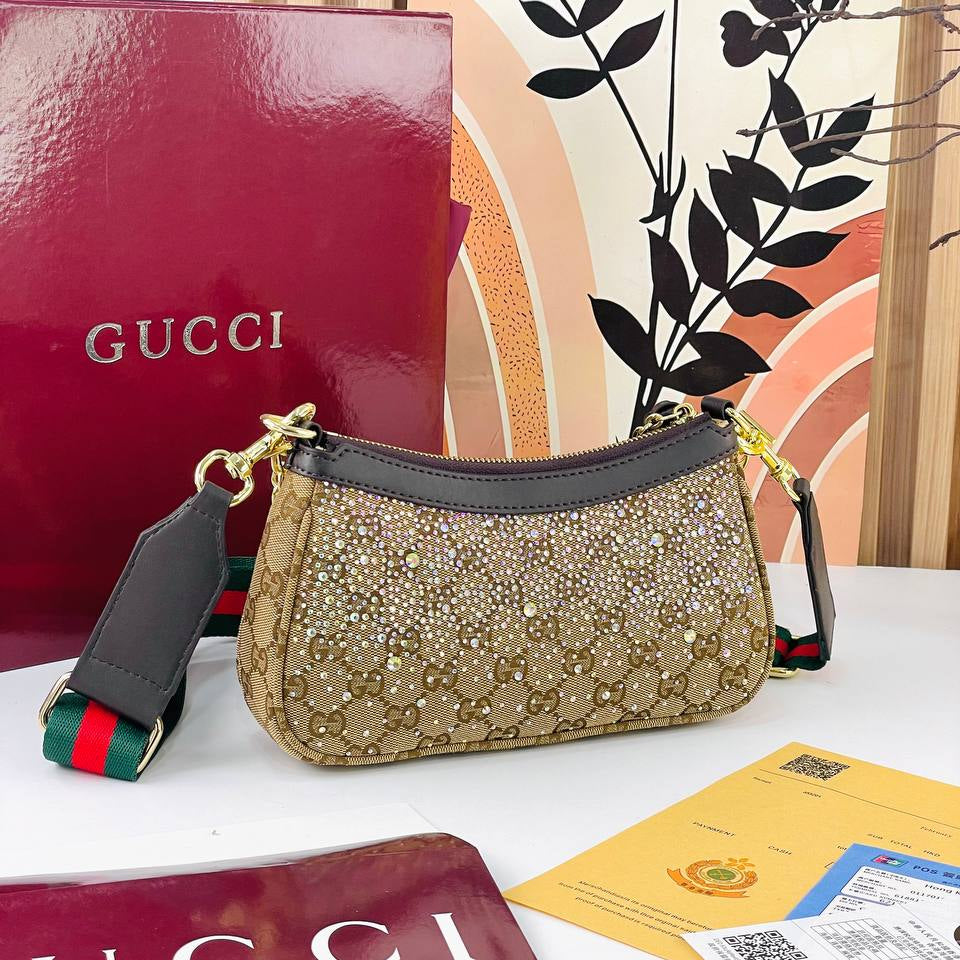 Gucci Crystal Embellished Shoulder Bag with Strawberry Charm ✨🍓