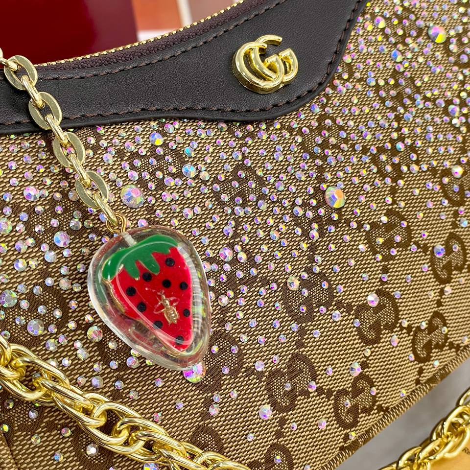 Gucci Crystal Embellished Shoulder Bag with Strawberry Charm ✨🍓