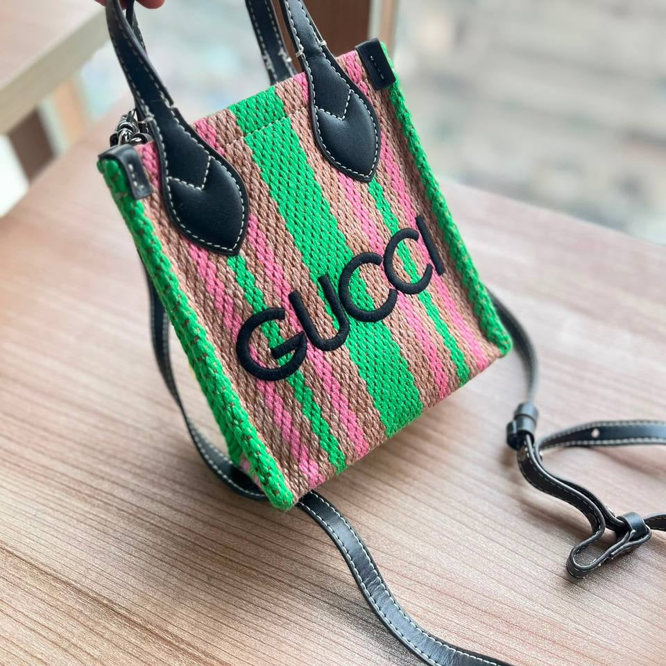 Gucci Striped Woven Mini Tote Bag with Leather Accents 👜✨