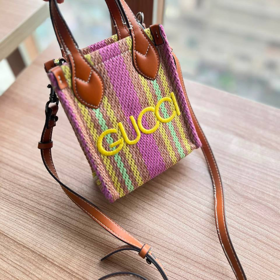 Gucci Striped Woven Mini Tote Bag with Leather Accents 👜✨
