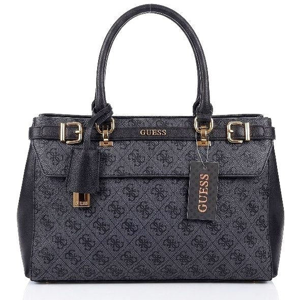 Guess Signature Monogram Black Handbag with Gold Tone Accents