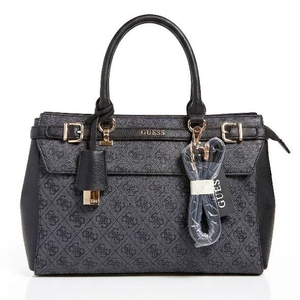 Guess Signature Monogram Black Handbag with Gold Tone Accents