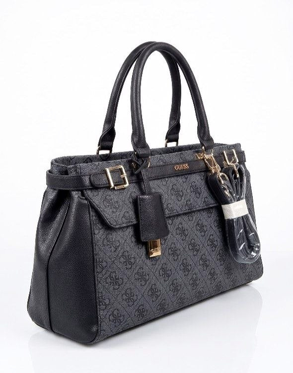 Guess Signature Monogram Black Handbag with Gold Tone Accents