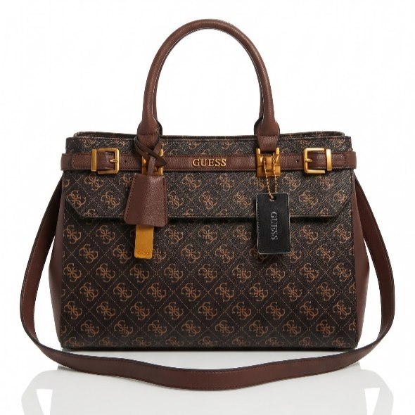 Guess Signature Monogram Black Handbag with Gold Tone Accents