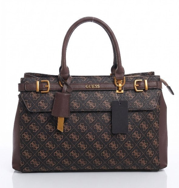 Guess Signature Monogram Black Handbag with Gold Tone Accents