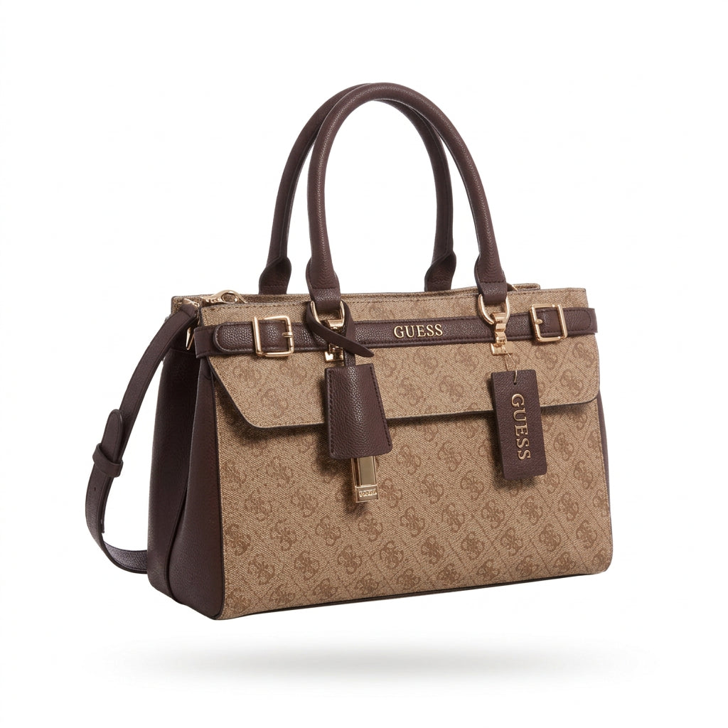 Guess Signature Monogram Black Handbag with Gold Tone Accents