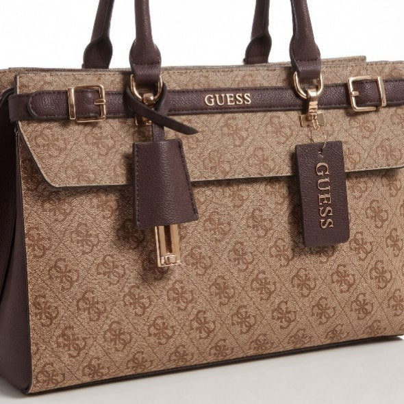 Guess Signature Monogram Black Handbag with Gold Tone Accents