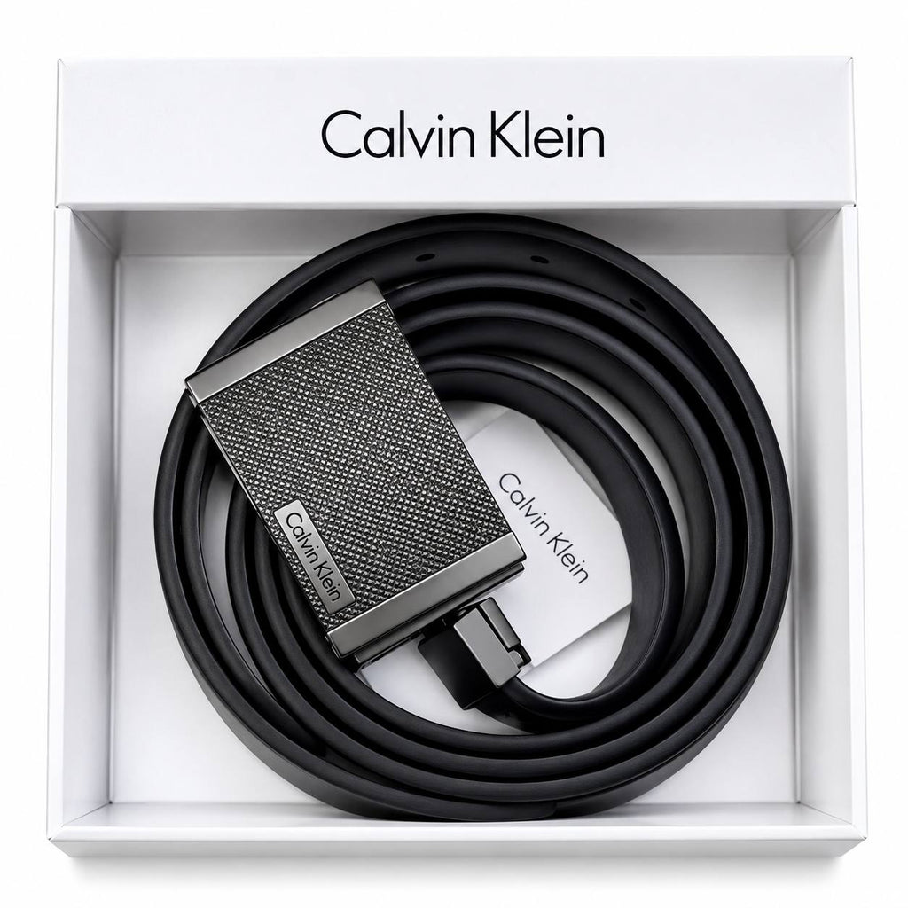 Calvin Klein Textured Plate Buckle Belt in Black