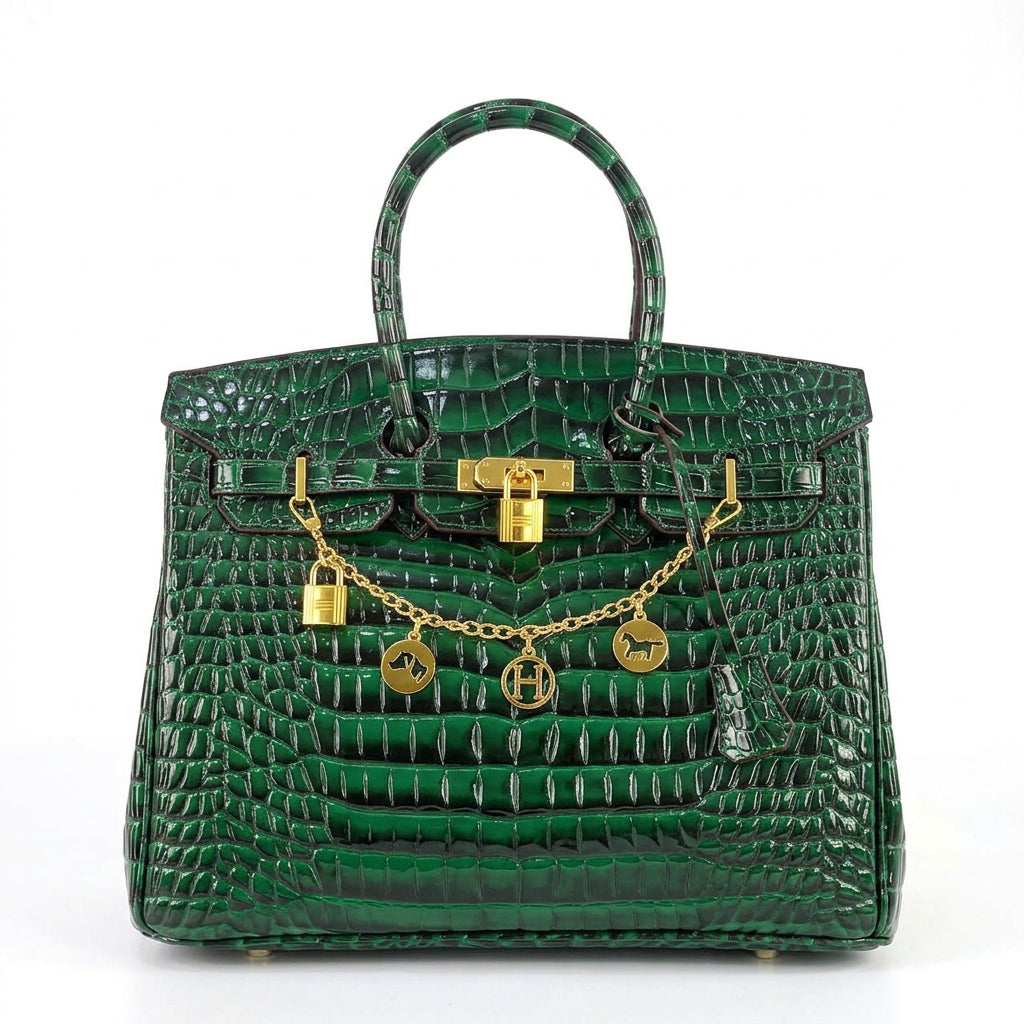 Emerald Crocodile Pattern Structured Handbag